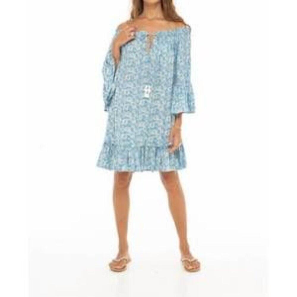 Skemo Margarita Tulum Dress In Floral Blue Off-Shoulder Size XS